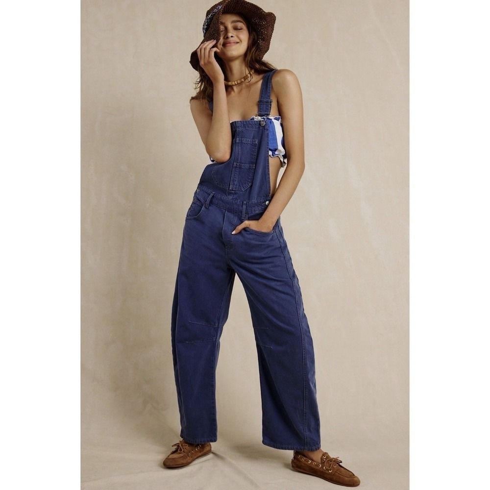 We The Free Good Luck Barrel Jean Overalls Hague Blue Size Medium NWT